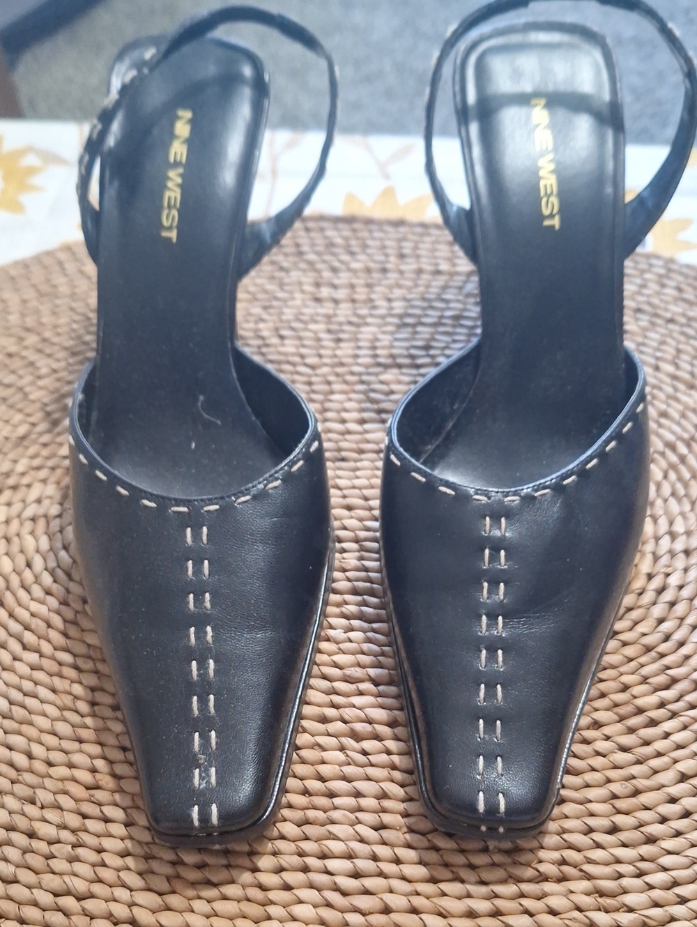 Nine West Black Leather Slingback Heels with Contrast Stitching